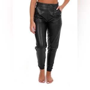 New Spanx black faux leather joggers Size Large